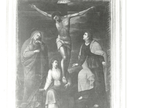 Fotografía de la pintura El Calvario, de Juan Bautista Vasquez Ceballos y su marco Capilla La Bordadita. Fotografía tomada para el Catálogo realizado por Francisco Gil Tovar, hacia 1982. Colección del Archivo Histórico de la Universidad del Rosario, ALB 07.2 FOT 071