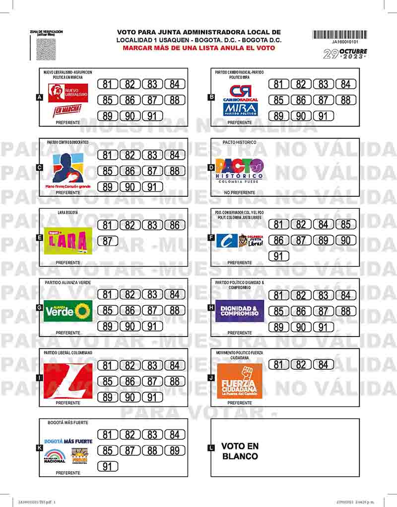 Tarjetón junta administradora local