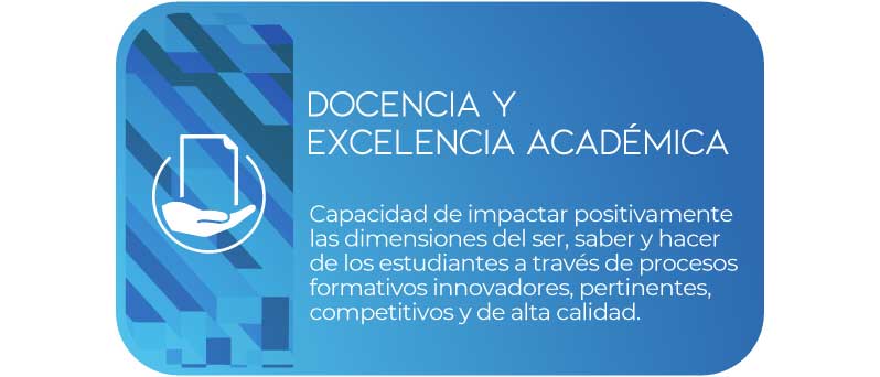 DOCENCIA Y EXCELENCIA ACADÉMICA - Capacidad de impactar positivamente las dimensiones del ser, saber y hacer de los estudiantes a través de procesos formativos innovadores, pertinentes, competitivos y de alta calidad.