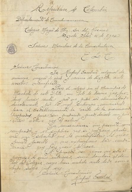 Carta del colegial Rafael Escobar, 1902. AHUR, Caja 77, folio 18.