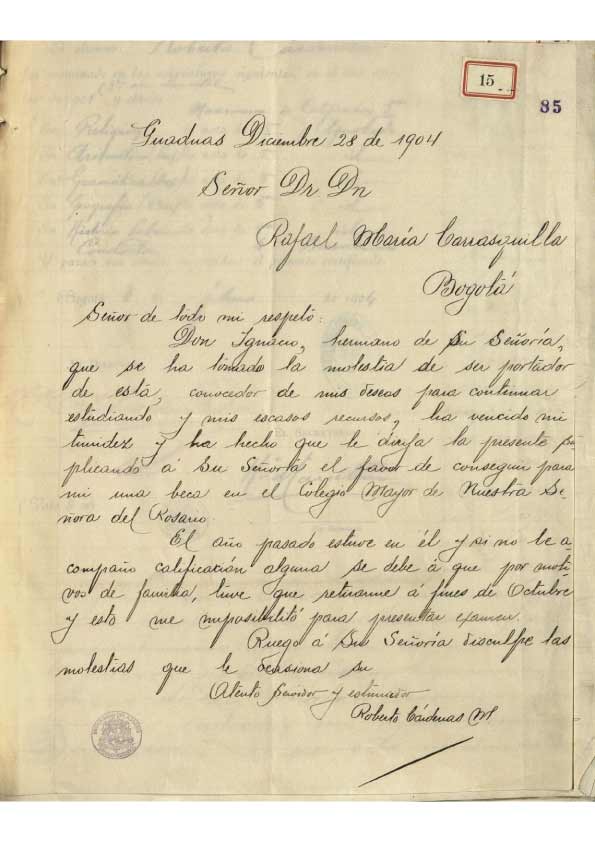 Carta dirigida a los consiliarios del Colegio Mayor del Rosario y archivos adjuntos del aspirante Tobías Madero, 1903.
 AHUR, Caja 77, folio 41 y 44