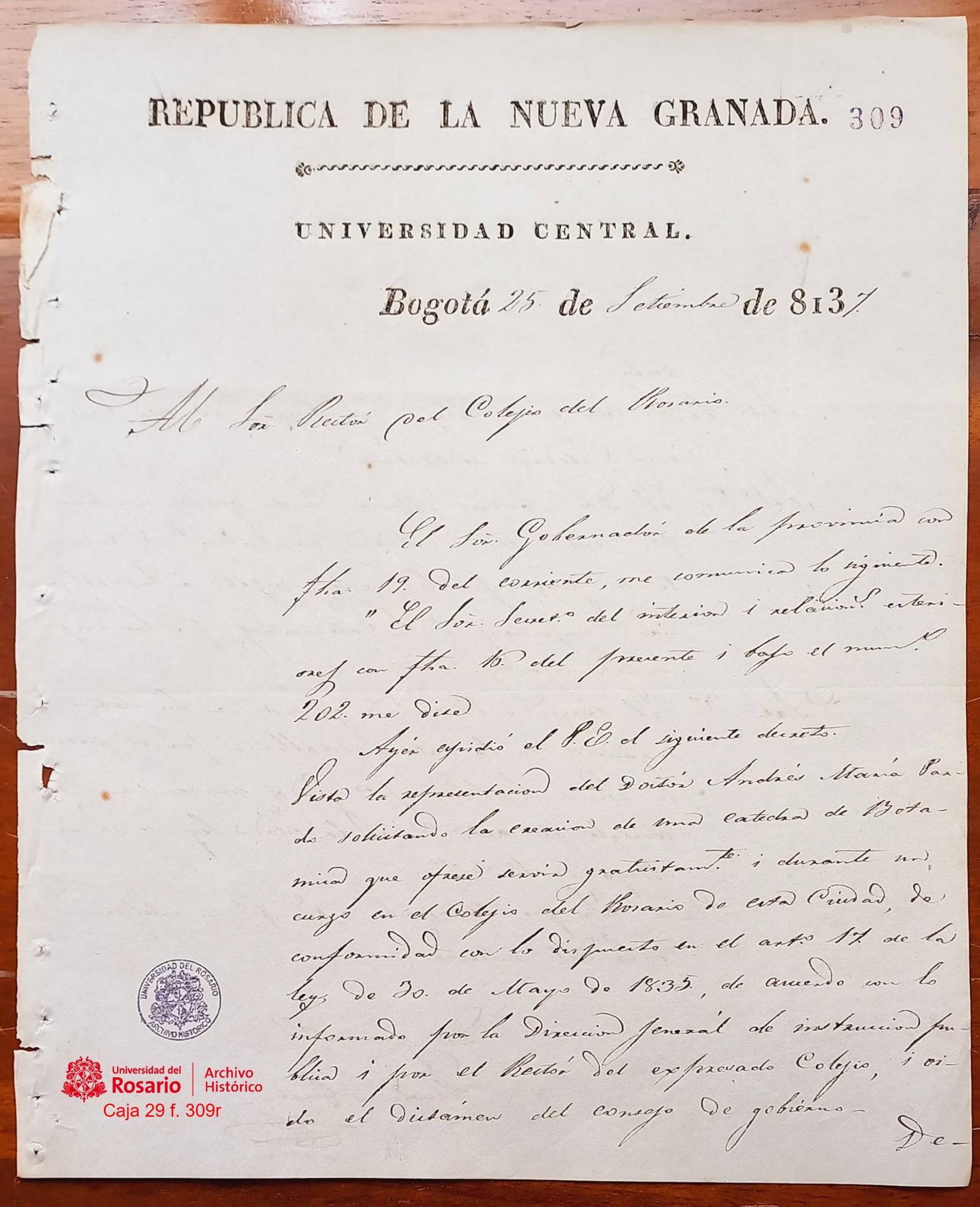 Decreto del Poder Ejecutivo, fecha 15-9-1837, sobre creación de la cátedra de Botánica, que el Dr. Pardo