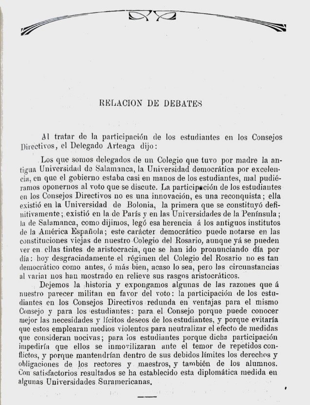 Respuesta del delegado Arteaga al estudio sobre representación estudiantil. La merma democrática se refiere a la suspensión de elección de rector durante el rectorado de Carrasquilla.